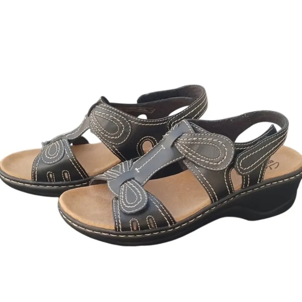 Clarks Collection Black Comfort Sandals Hook Loop Wedge Wide 8.5 26065776W